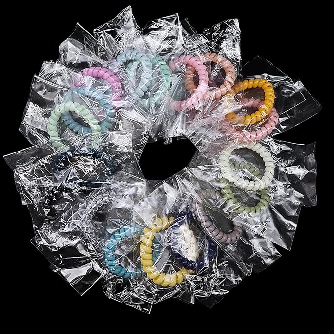 36Pcs (2 Pack of 18) Colorful Spiral Hair Ties, Individually Wrapped Coil Elastics, Phone Cord Ponytail Holders for Thin and Thick Hair, No Damage, No Crease