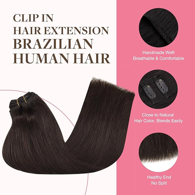 GOO GOO Clip in Hair Extensions Real Human Hair, Remy Human Hair Extensions Clip ins for Women, Natural Human Hair, 14inch 150g 9Pcs, 2A Light Brown