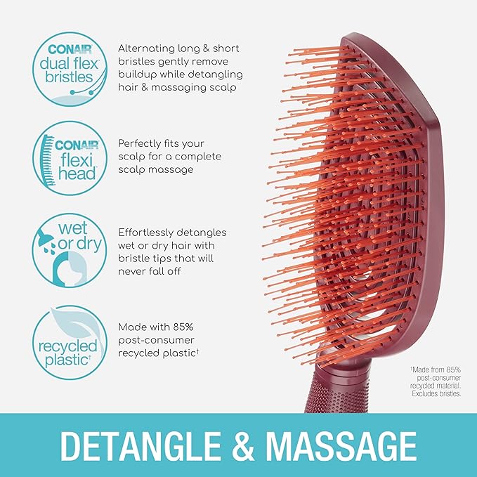 Conair Scalp Care Detangling hairbrush - Curly Hair Brush - Scalp Massager - hairbrushes for women & men - detangler for all lengths and types - stocking stuffers - gifts for her - Red Rush