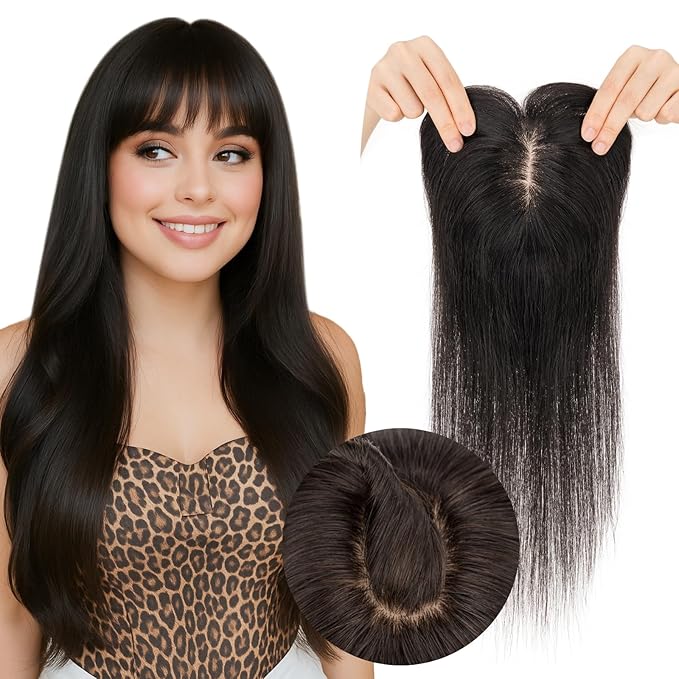 Real Human Hair Toppers for Women 3.54"*4.72" Silky Base 150% Density With Bangs Adjustable Parting Clip-In Topper Hairpieces for Women with Thinning Hair 10 Inches Natural Black