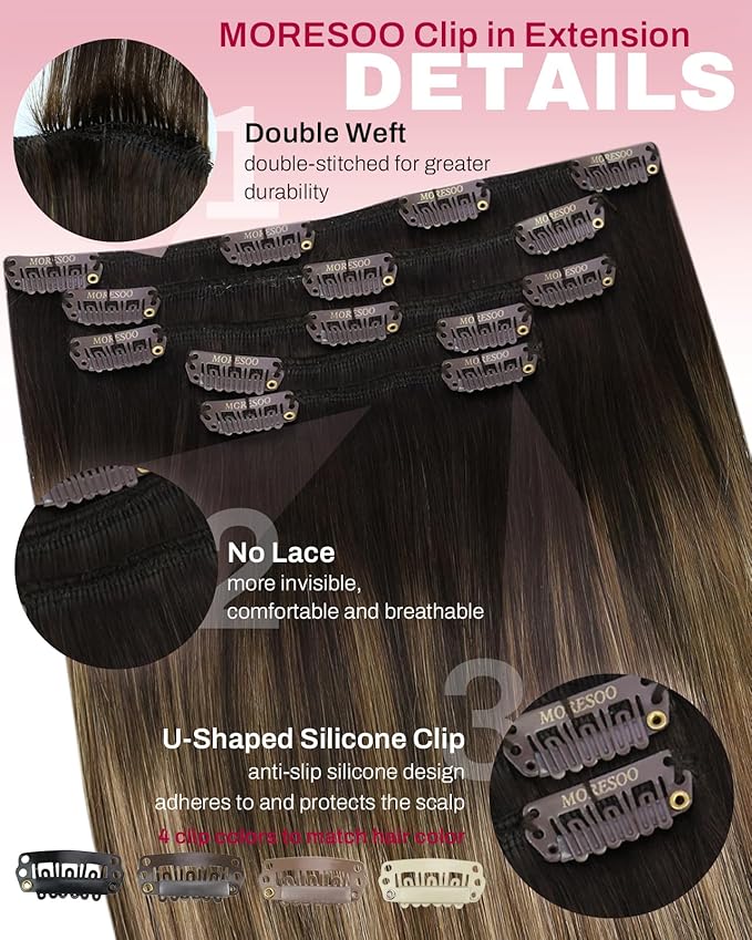Moresoo Brown to Blonde Clip in Hair Extensions Ombre Human Hair Clip in Extensions Straight Balayage Hair Extensions for Women Ombre Dark to Ash Brown with Dark Blonde for Short 5pcs 80g 10inch