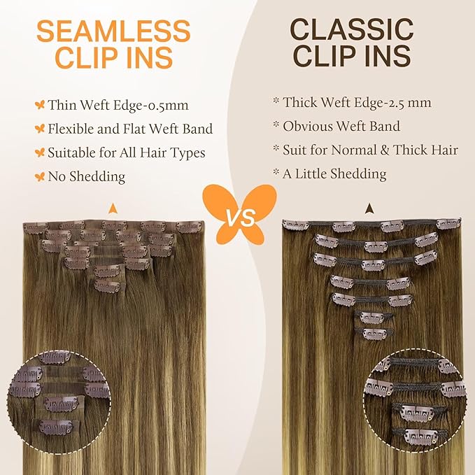 DOORES Seamless Clip in Hair Extensions Real Human Hair, Medium Brown Highlighted Dirty Blonde 18 Inch 110g 7pcs, Human Hair Extensions Skin Weft Remy Straight Hair Invisible Edge Hair Extensions