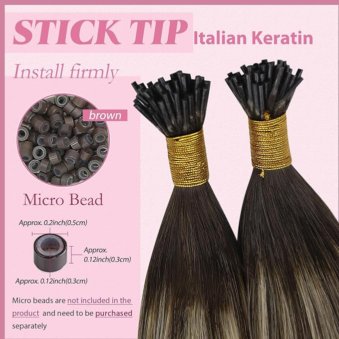 YoungSee I Tip Hair Extensions Balayage I Tip Extensions Brown Ombre Dark Brown with Ash Blonde Itips Real Human Hair Extension Itips Brown Hair Extension 14Inch 50g 80s Cold Fusion Hair Extension
