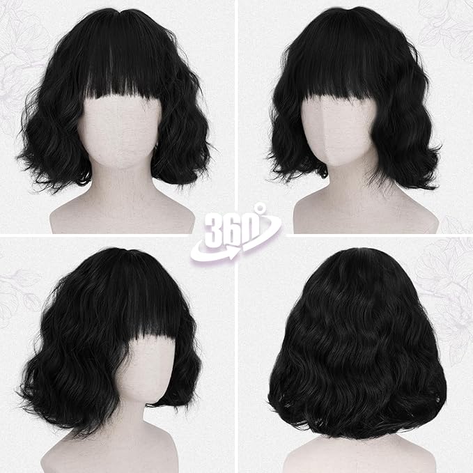 BARSDAR Short Wavy Black Wig with Bangs - Short Black Wavy Wigs for Women - Soft Synthetic Textured Curly Chic French Bob Wig with Face-Framing Bangs Natural Looking Daily Party Halloween