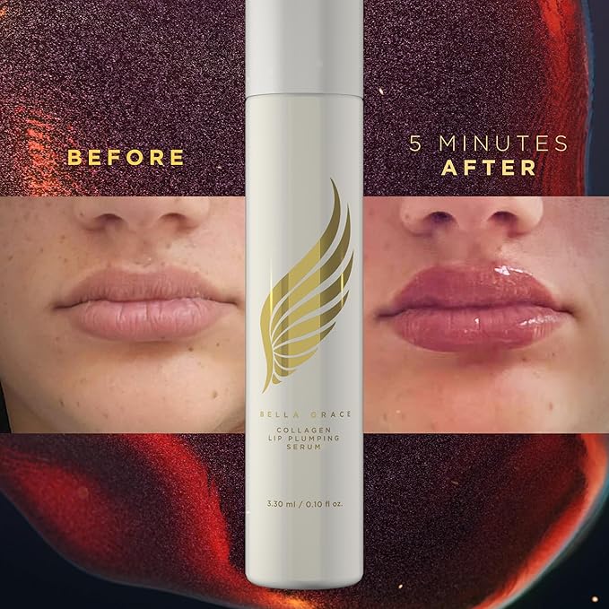 Bella Grace Vegan Collagen Lip Plumper Serum, Vitamin E, Peptides, Hydrating Lip Care Fuller Plumper Looking Lips, Supports Wrinkles, Fine Lines, Elasticity, Paraben, Sulfate & Cruelty Free, 0.1 fl oz