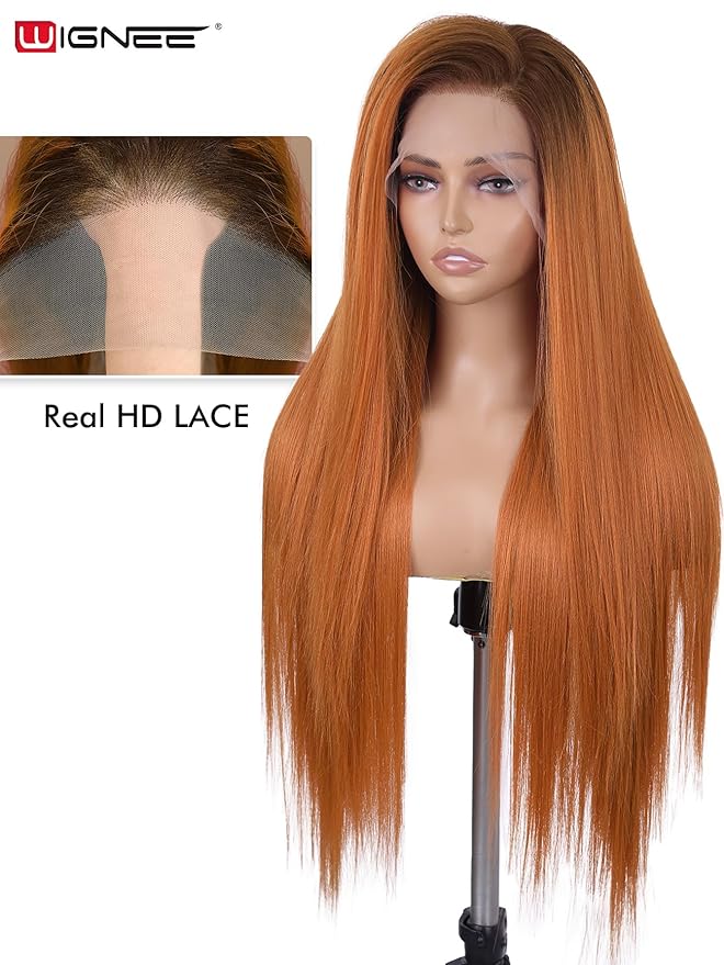 WIGNEE 13x6 Synthetic Lace Front Wig 28" Long Straight Wig Ombre Ginger Synthetic Wigs for Black Women Pre-Plucked Glueless Wig for Daily Party Use
