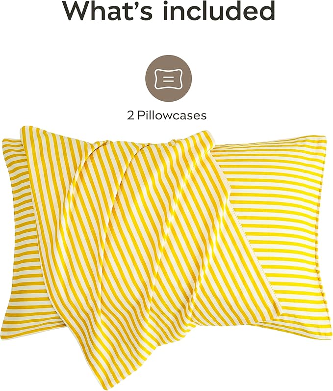 JELLYMONI 100% Natural Cotton Striped Standard Pillowcases Set, 2 Pack Bright Yellow Stripes Pattern Printed Pillow Covers with Envelope Closure(Pillows are not Included)