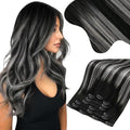 Moresoo Clip in Hair Extensions Human Hair Black to Silver Double Weft Hair Clip Extensions for Women Ombre Black with Silver 22inch 150Grams 7pcs