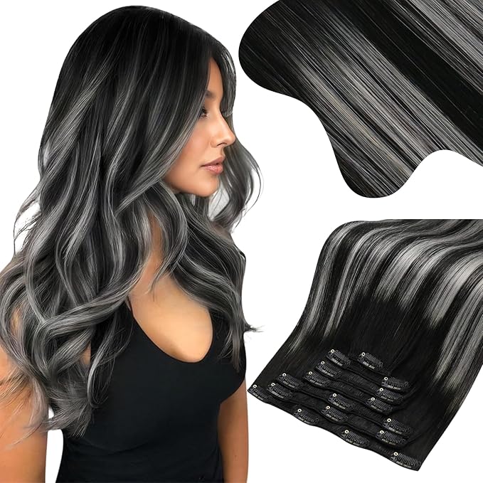 Moresoo Clip in Hair Extensions Remy Double Weft Human Hair Clip in Extensions Straight Balayage Hair Extensions for Women Ombre Black Mixed with Silver Grey 7pcs 135g 18inch