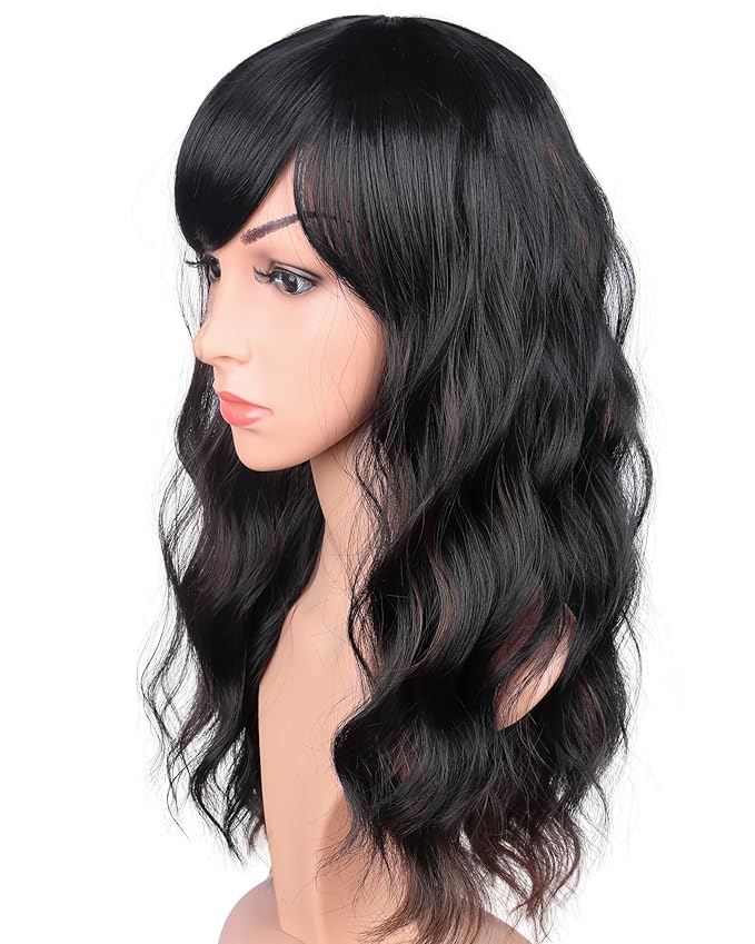 Black Wavy Wig With Brown Highlights For Women - Medium Long Synthetic Wig With Bangs For Daily Use (Black With Brown Highlights)
