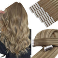 YoungSee Tape in Hair Extensions Real Human Hair Balayage Tape in Extensions Light Brown Ombre Blonde Human Hair Tape-in Extension Invisible Tape-on Hair Extension 16In for Women 50g