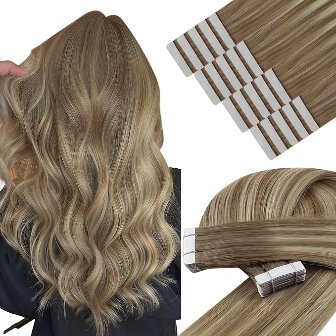 YoungSee Human Hair Tape in Extensions Balayage Tape in Hair Extensions Real Human Hair Light Brown Ombre Blonde Tapes ins Human Hair Extension 12In 20pcs 30g Adhesive Hair Extension for Short Hair