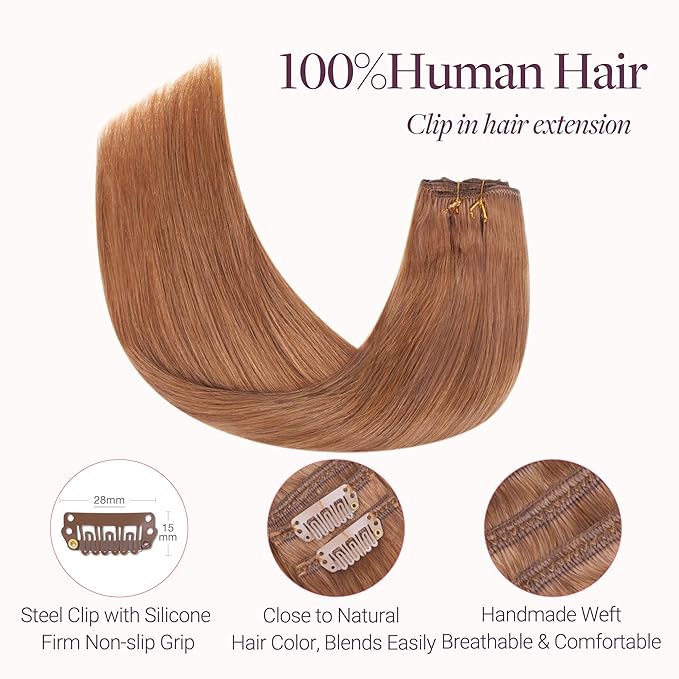 GOO GOO Clip in Hair Extensions Real Human Hair, Remy Human Hair Extensions Clip ins for Women, Natural Human Hair, 14inch 120g 7 Pcs, #330 Cinnamon Terra Copper