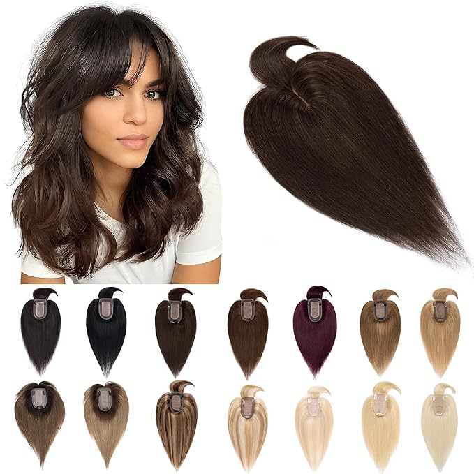 SEGO Hair Toppers for Women Real Human Hair With Bangs, 7 * 13CM Silk Base 100% Remy Human Hair Clip in Top Wiglet Hairpieces Add Volume -10 Inch Dark Brown