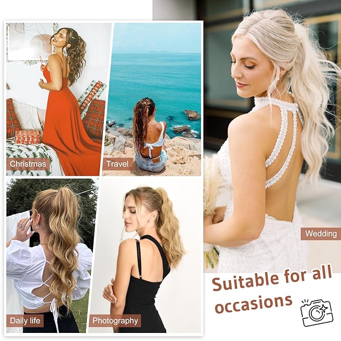 FLUFYMOOZ Claw Clip Ponytail Hair Extensions, 18 Inch Wavy Curly, Natural Fake Synthetic Hairpiece for Women (Dark Blonde to Light Blonde)
