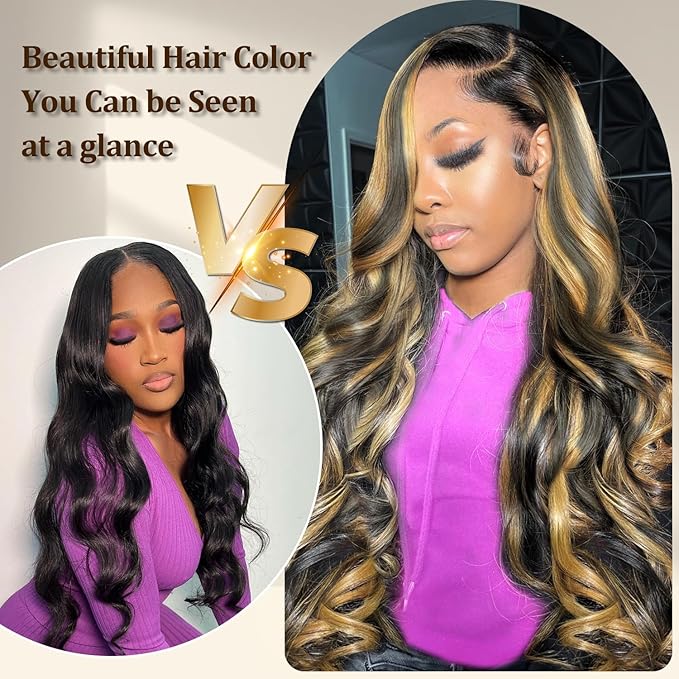 Ombre Highlight Lace Front Wig Human Hair Pre Plucked 200 Density HD Transparent 13x6 Body Wave Lace Frontal Human Hair Wigs for Women 28inch