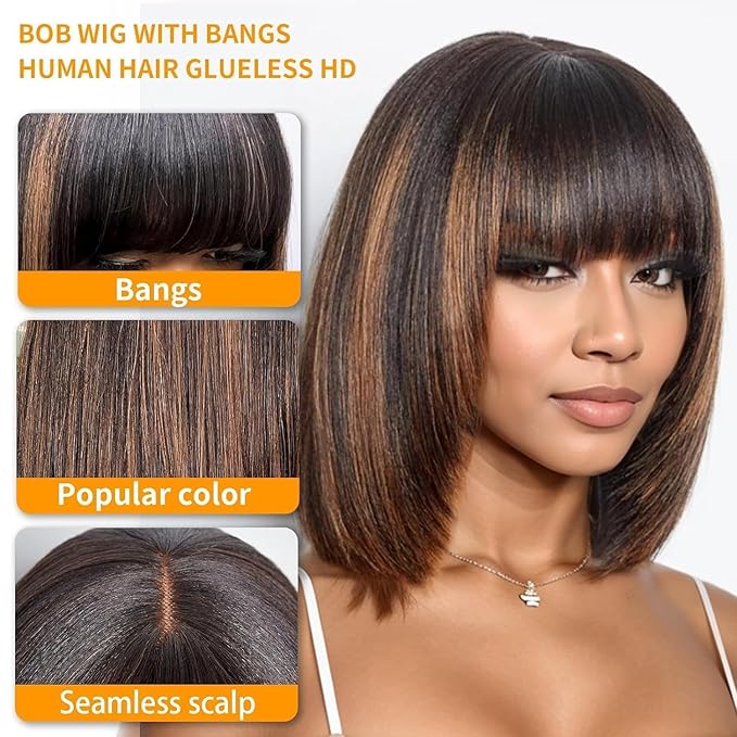 Bob Wig Human Hair with Bangs Glueless 2.5x1 HD Lace Colsure Wigs Human, Bob Wig with Brown Highlights, Wear to Go Short Wigs For Women Beginner Friendly 10 Inch