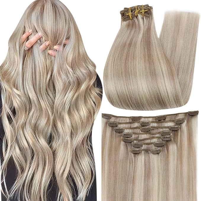 Full Shine Real Human Hair Extensions Clip ins Ash Blonde Highlighted 20 Inch Clip in Hair Extensions Real Human Hair Blonde 7 Pcs 120 G
