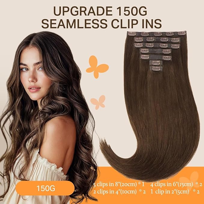 DOORES Human Hair Clip in Extensions, Chocolate Brown130g 7pcs 18 Inch, Virgin Weft With Invisible Edge Real Hair Extensions