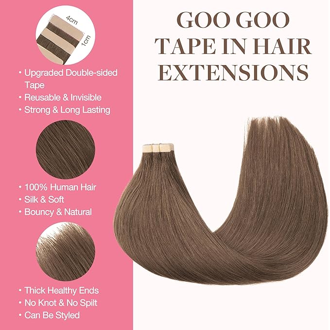GOO GOO Tape in Hair Extensions Human Hair, 5 Light Ash Brown, 24inch 30g 10pcs, Skin Weft Seamless Invisible, Silky Straight with Thick Ends, Remy Human Hair