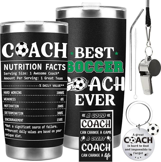 Keluna Soccer Coach Gifts for Men - Soccer Coach Appreciation Thank You Team Player Sports Lover Gift for Men Husband Brother Colleague Tumbler Cup Keychain Whistle Greeting Cards