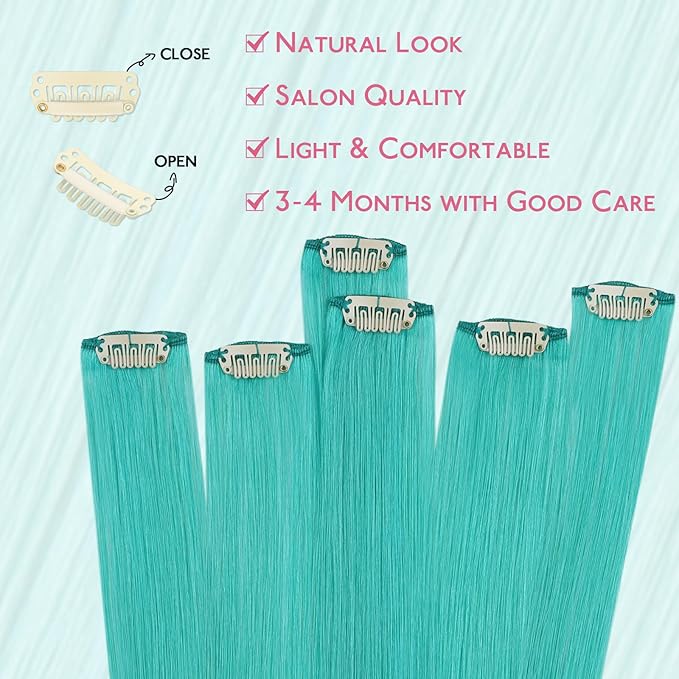 WENNALIFE Teal Green Clip in Hair Extensions Real Human Hair 35g 6pcs 20 Inch Colored Hair Extensions for Kids Women Colorful Hair Pieces Pop-up Style Straight Extensiones De Cabello Humano Con Clip