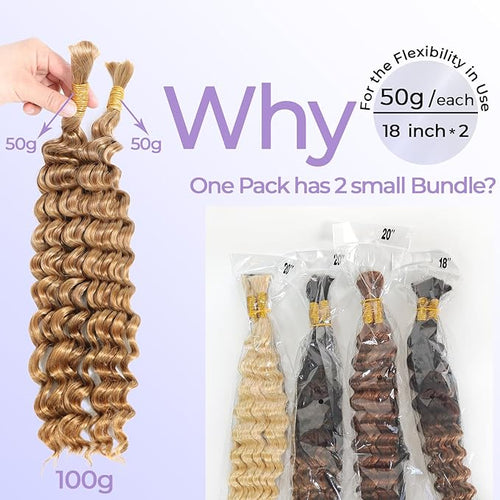 27# Deep Wave Braiding Human Hair Bundles Honey Blonde Bulk Human Hair for Crochet Micro Boho Braids 100 Grams (2 of 50g)18 inch