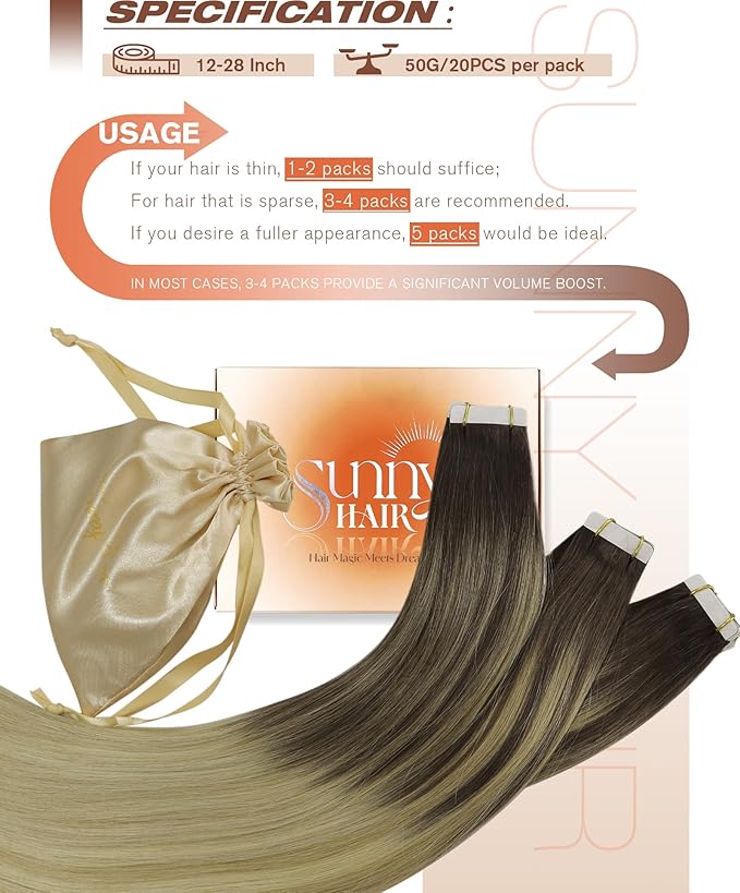Sunny Hair Tape in Hair Extensions Human Hair Brown Balayage Blonde Tape in Extensions 18 Inch Real Hair Extensions Tape in 20Pcs 50g