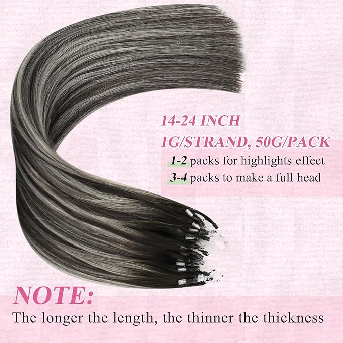 YoungSee Micro Bead Hair Extensions Real Human Hair Ombre Micro Loop Hair Extensions Human Hair Black Ombre Silver with Black Balayage Beaded Hair Extension 20In Cold Fusion Hair Natural 50g 50s