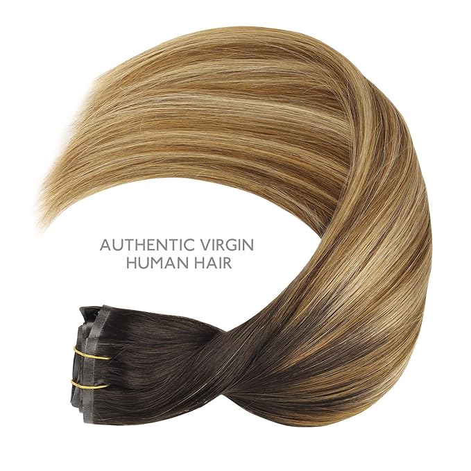 WENNALIFE Seamless Clip In Hair Extensions, 18 Inch 130g 7pcs Dark Brown to Chestnut Brown and Dirty Blonde Hair Extensions Clip in Human Hair Invisible PU Skin Weft Remy Human Hair Extension
