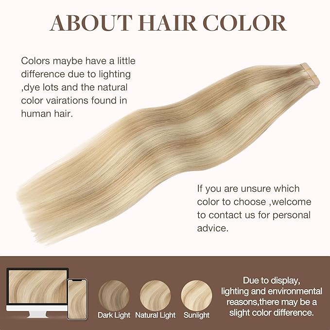 GOO GOO Tape in Hair Extensions Human Hair, 18A/613A Dark Blonde Highlighted Bleach Blonde, 24inch 100g 40pcs, Skin Weft Seamless Invisible, Silky Straight with Thick Ends, Remy Human Hair