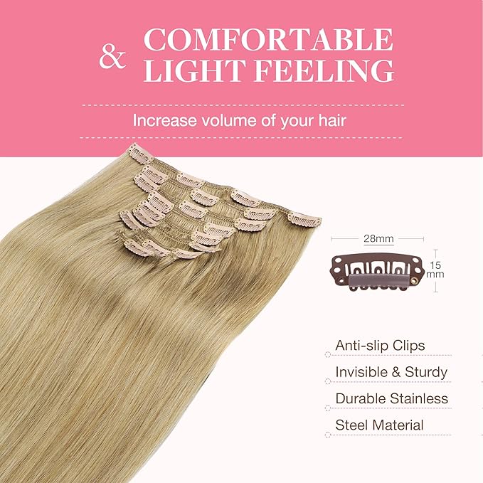 GOO GOO Clip in Hair Extensions Real Human Hair, Remy Human Hair Extensions Clip ins for Women, Natural Human Hair, 20inch 150g 9Pcs, 7 Bronde