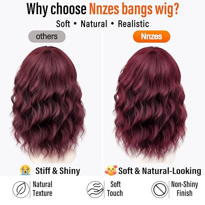 Nnzes Bob Curly Wig Synthetic Short Wine Red Wig with Bangs Natural Looking Heat Resistant Fiber Hair for Women