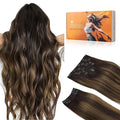 DOORES Clip in Human Hair Extensions, Balayage Dark Brown to Chestnut Brown 16 Inch 9pcs 150g, Remy Clip in Hair Extensions Thick Straight