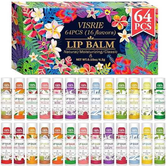 64 Pack Lip Balm, Natural Lip Balm Bulk with Vitamin E and Coconut Oil, Hydrating Lip Balm for Dry Lips, Bulk Lip Balm for Stocking Stuffers - 16 Flavors