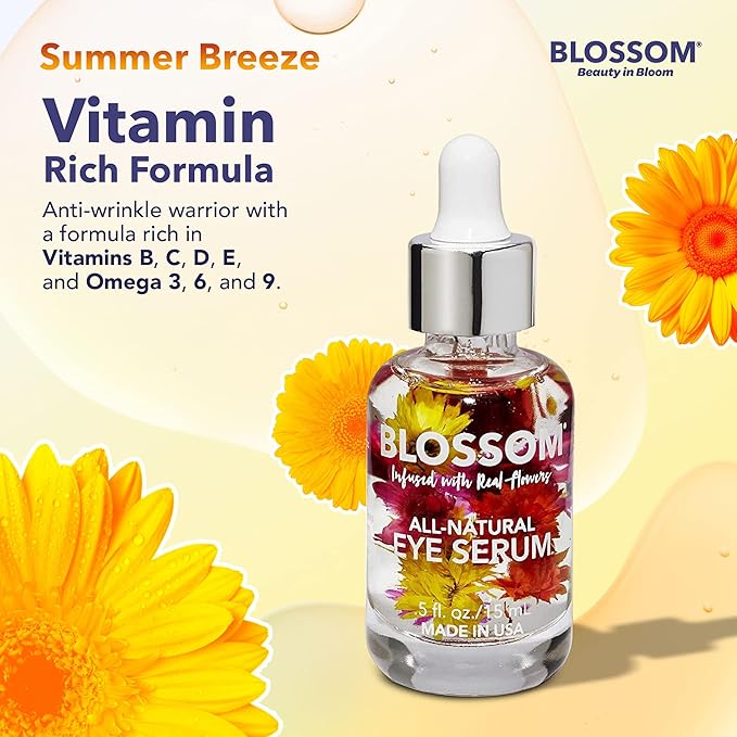 Blossom All Natural Organic Cruelty Free Moisturizing Eye Serum with Essential Oils, Infused with Real Flowers, Made in USA, 0.5 fl. oz., Summer Breeze