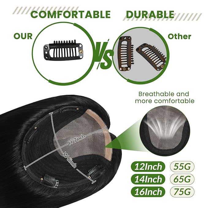 HAIR Toppers for Women Real Human Hair Clip in Silk Base 150 Density 6x7inch 75 grams Jet Black Color 16inch all real huamn hair healthy for Women with Thinning Crown (#1 16inch)