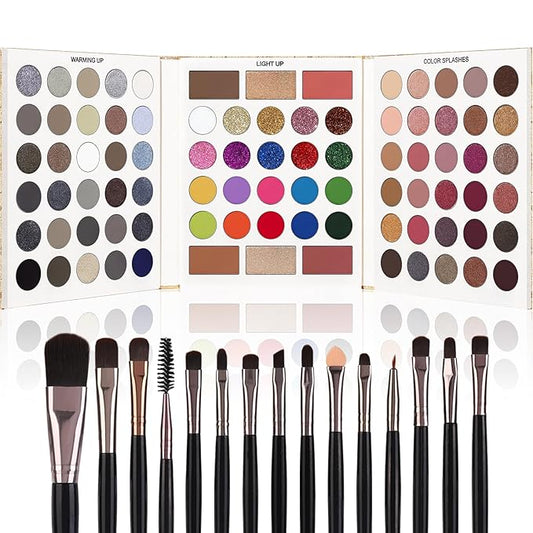 Black Grey Eyeshadow Makeup Palette + 15 Brushes Set, 86 Colors Matte Glitter Highly Pigmented Long Lasting Eye shadow, Blush, Contour, Highlighter All in One Make Up Kit for Halloween & Daily Use