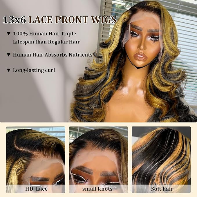 Highlight Ombre 13x6 Body Wave Lace Front Wigs Human Hair 200% Density HD Lace Front Wigs Human Hair Pre Plucked Frontal Wigs for Black Women with 1b/27 Color Hairline (20inch)