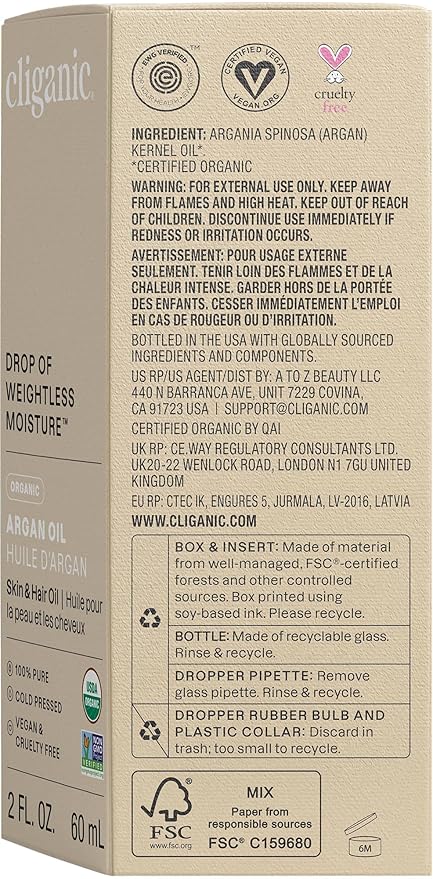 Cliganic Organic Argan Oil, 100% Pure - for Hair, Face & Skin | Cold Pressed Carrier Oil (Packaging May Vary)