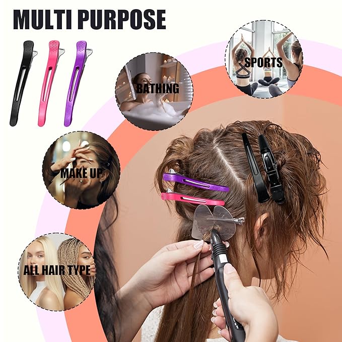 10 pcs Professional Hair Clips for Styling Sectioning - Sectioning Hair Clips for Styling, No-Crease Silicone Band& Anti-Slip Grip, Hair Cutting Clips for Blowouts, Curling, Coloring （Rose Red）