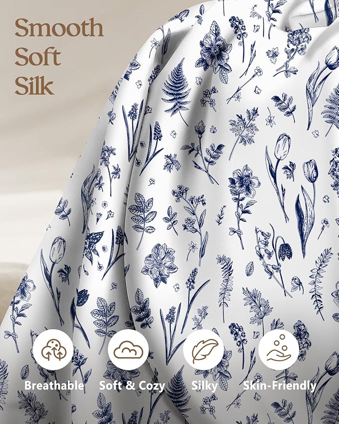 2 Pack Mulberry Silk Pillowcase for Hair and Skin - Standard Size 20 x 26 Inches with Hidden Zipper Blue Line Flower 19 Momme Soft Sleeping Silk Pillow Case for Women, Moms