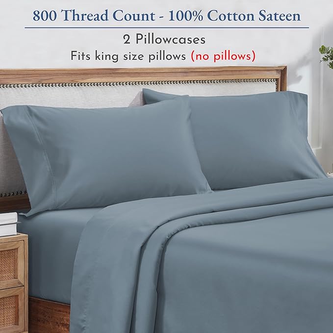 California Design Den Heirloom Soft, Smooth & Thick Certified 800 Thread Count 100% Cotton Sateen, 2 Pillow Cases King Size, Fits King Pillows (Blue)