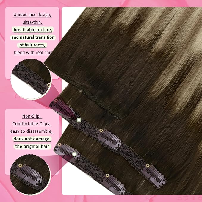 YoungSee 150G Clip in Human Hair Extensions Brown Clip on Hair Extensions for Women Walnut Brown Ombre Light with Blonde Clip in Hair Extension Real Human Hair 22inch 7pcs