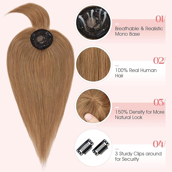 Hairro Mono Hair Toppers with Bangs, 3.4" x 3.4" Mono Base 100% Real Human Hairpieces for Women, 150% Density Clips In Topper for Greyish Thinning Hair, 14 Inch Blondish Brown
