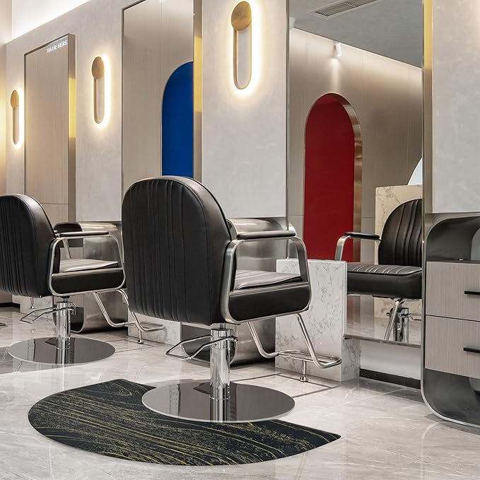 BarberPub 3'x4' Barber Mat for Hair Stylist Salon Chair Anti-Fatigue Floor Mat Circle 1" Thick 0025 (Black& Gold, 3' x 4'x 1”)