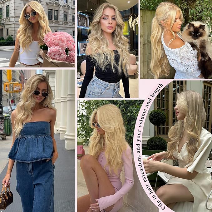 Clip in Hair Extensions for Women, 8PCS 20 Inch Wavy Ash Blonde Mixed Light Blonde Hair Extensions Clip Ins Mix Blonde, Synthetic Long Hairpieces for Women