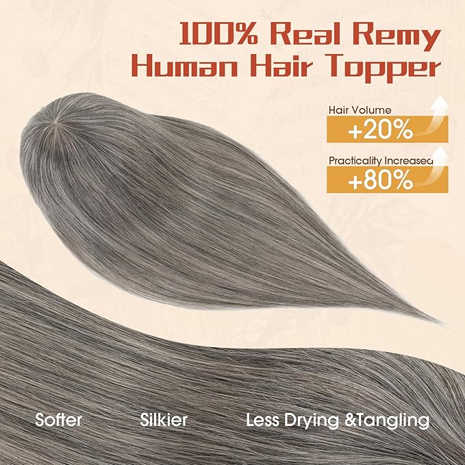 Rich Choices Human Hair Toppers for Women-100% Real Remy Hair Topper with 3D 360°Bang-Upgraded 150% Density 9 * 12CM Lace Base-Clip in Hairs topper for Thinning Hairs-10Inch #G2 Grey