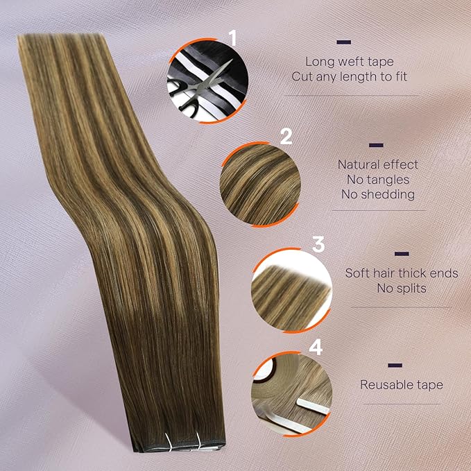 Full Shine Genius Weft Hair Extensions Human Hair 24 Inch Color 4 Medium Brown Ombre 24 Blonde And 4 Brown Long Tape Weft Tape in Extensions Real Human Hair Remy Skin Weft 20Pcs 50G for Wedding
