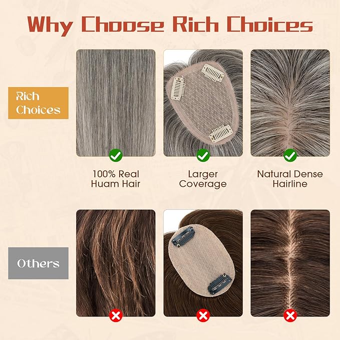 Rich Choices Human Hair Toppers for Women-100% Real Remy Hair Topper No Bang-Upgraded 150% Density 9 * 12CM Lace Base-Clip in Hairs Topper for Thinning Hairs-12Inch #G2 Grey